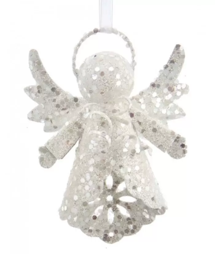 Boutique de Noël Anges & Père Noël*Ornament, White Sparkling Angel, With Her Wings Raised.