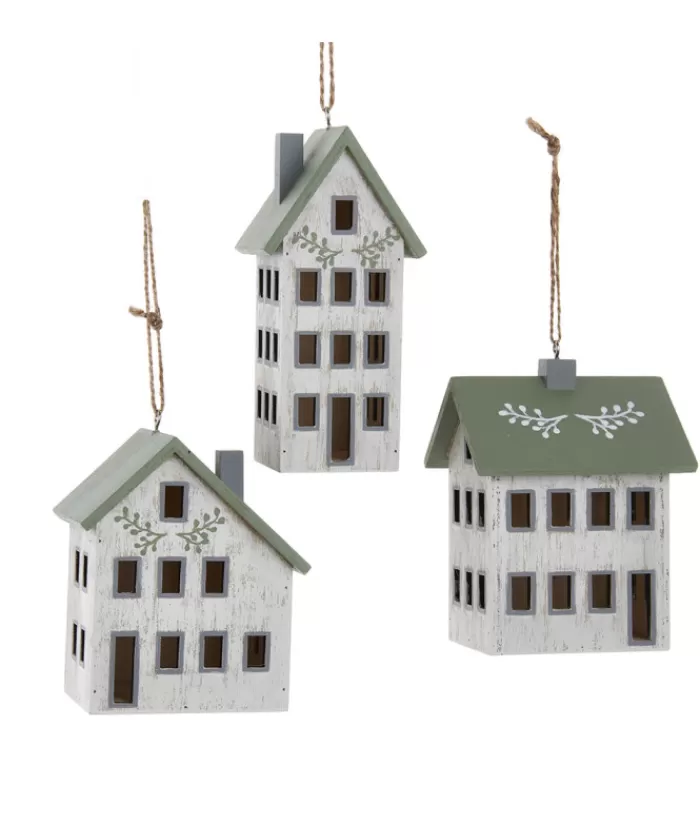 Boutique de Noël Sentiments*Ornament, Wooden House, In Sage And Ivory Colours