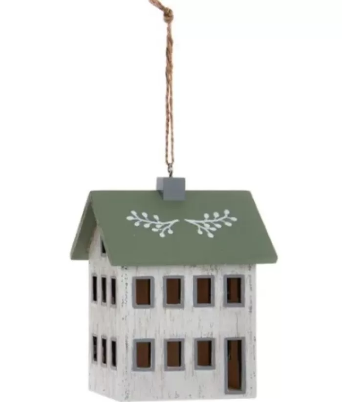 Boutique de Noël Ornament, Wooden House, Ivory And Sage Colours.