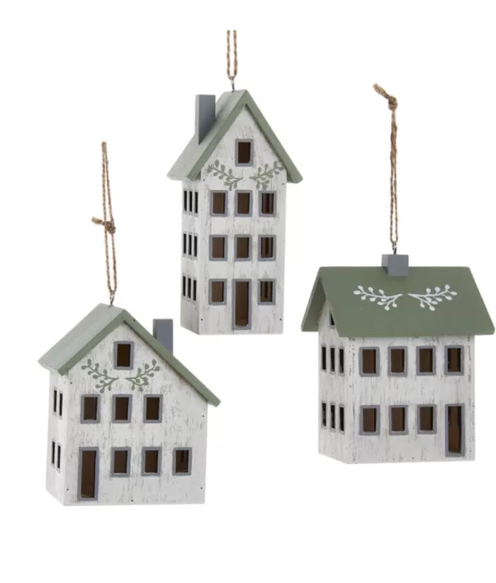 Boutique de Noël Ornament, Wooden House, Ivory And Sage Colours.