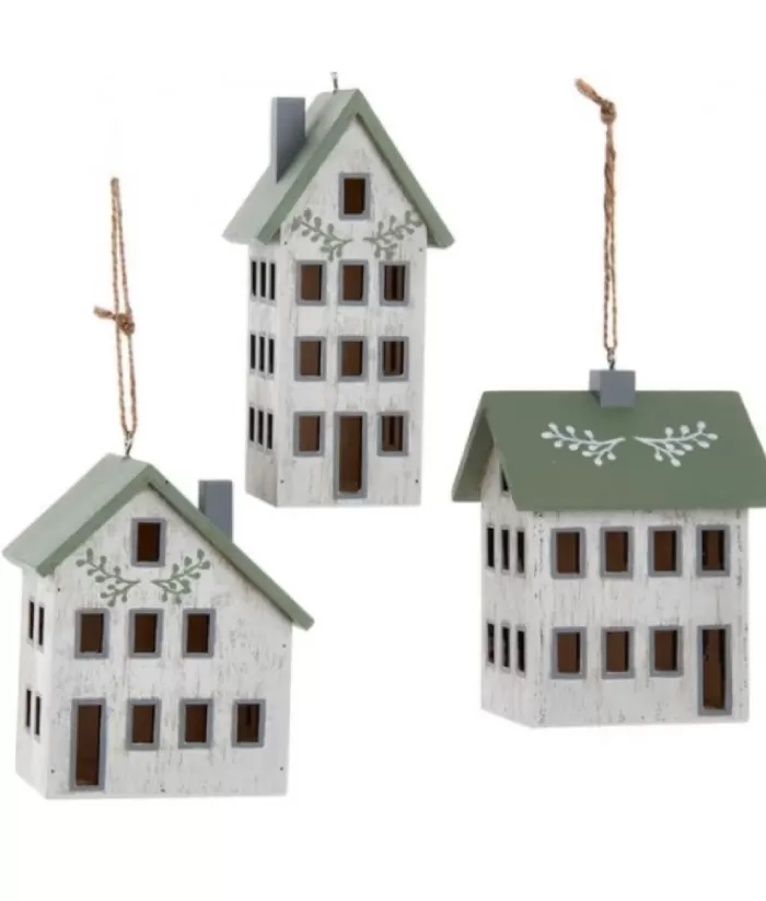 Boutique de Noël Ornament, Wooden House, Sage And Ivory Colours