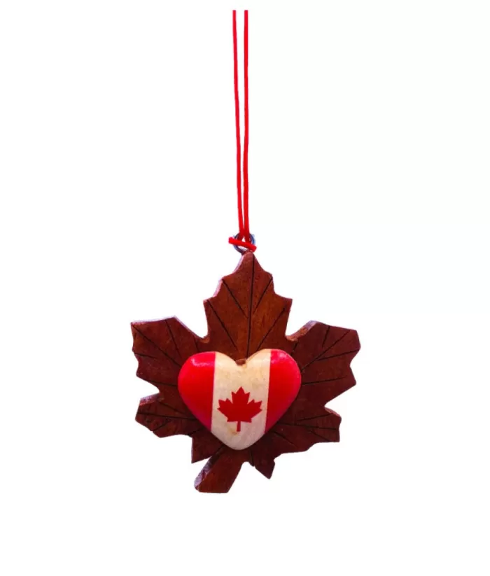 Boutique de Noël Ornament, Wooden Maple Leaf With Heart Shaped Canada Flag
