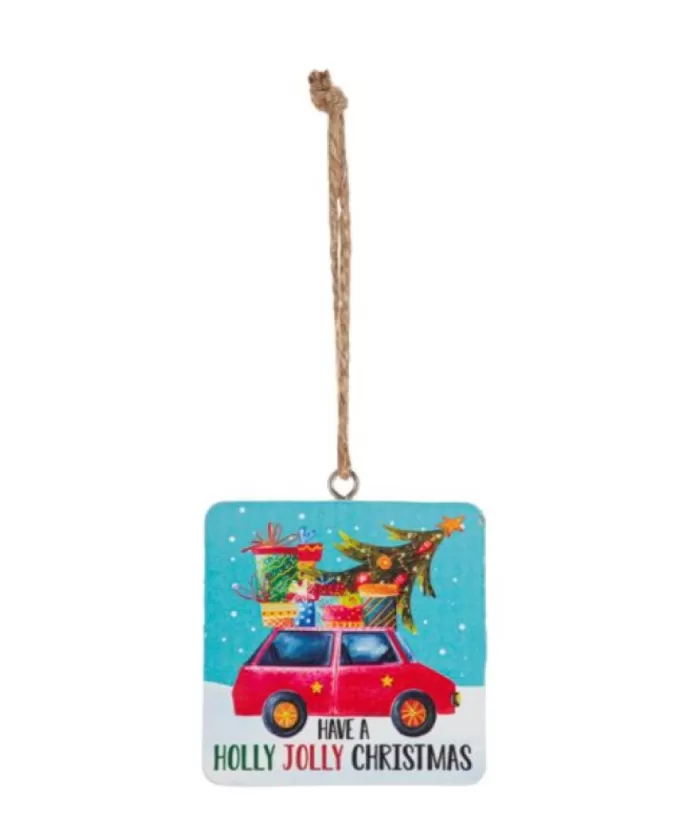 Boutique de Noël Ornament, Wooden Plaque, With Message "Have A Holly Jolly Christmas"