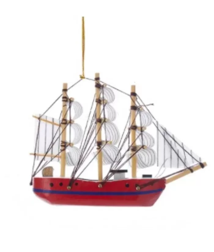 Boutique de Noël Ornament, Wooden Schooner, Red, 5.5'' In Length