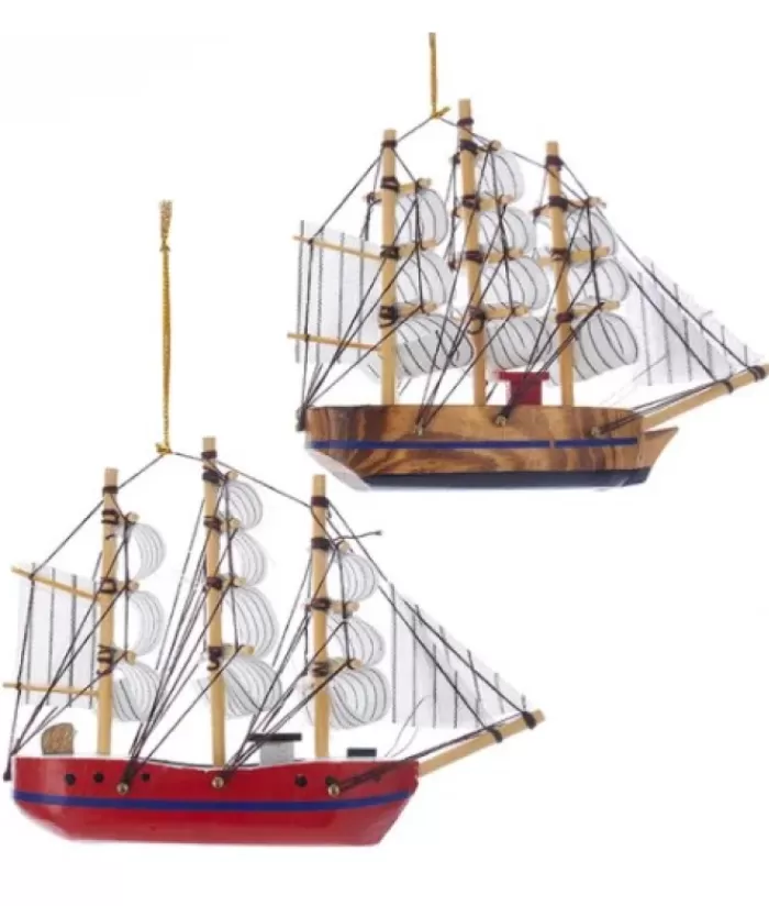 Boutique de Noël La Mer*Ornament, Wooden Schooner, Red, 5.5'' In Length