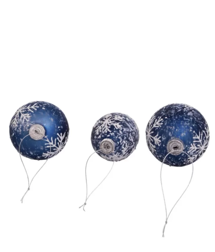 Boutique de Noël Round, Onion And Filial Blue Glass Balls, With Snowflake Decoration, 80Mm, Box Of 3