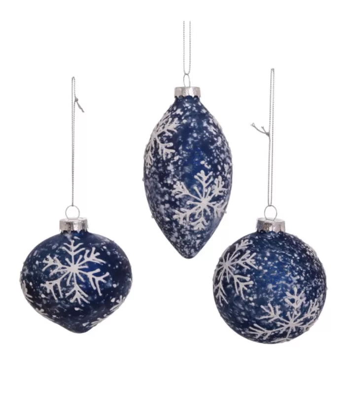 Boutique de Noël Round, Onion And Filial Blue Glass Balls, With Snowflake Decoration, 80Mm, Box Of 3