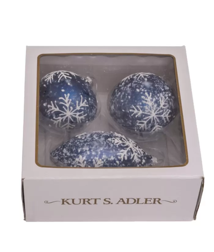 Boutique de Noël Round, Onion And Filial Blue Glass Balls, With Snowflake Decoration, 80Mm, Box Of 3