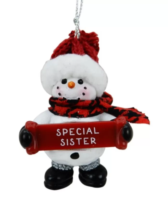 Boutique de Noël Famille & Amitiés*Snowman With Banner, Message, "Special Sister", Ornament