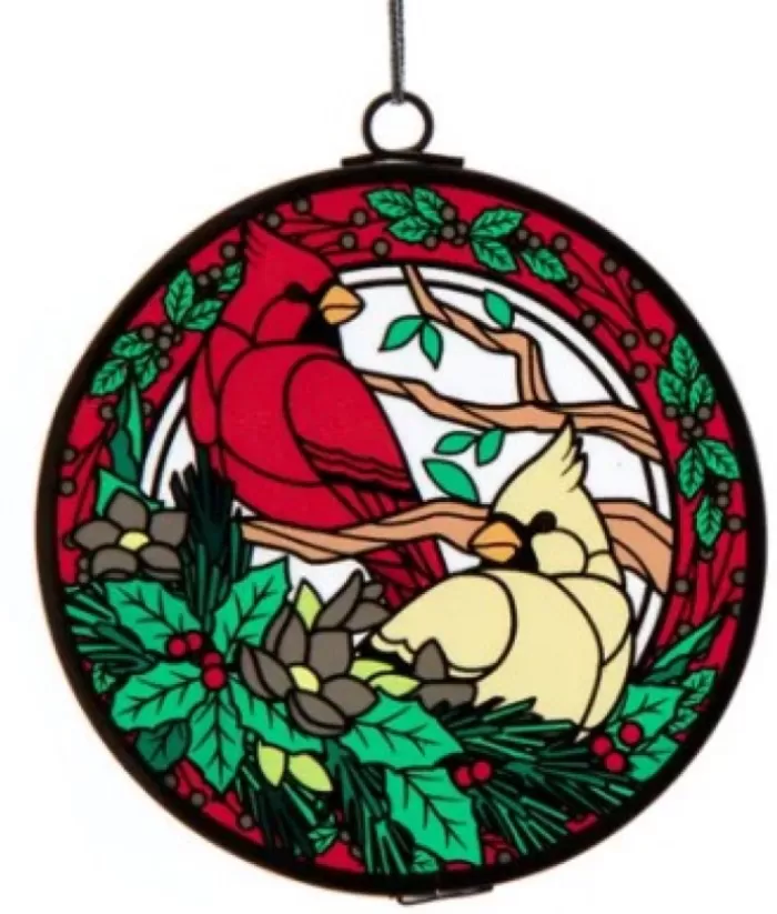 Boutique de Noël Stained Glass Ornament, Cardinal And Tan Bird