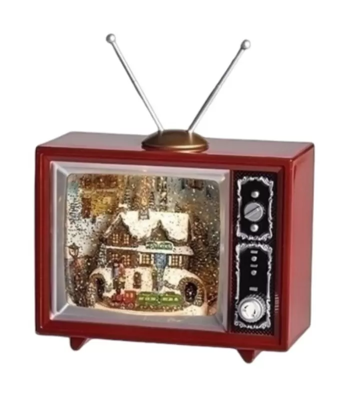 Boutique de Noël Table Piece, Musical Tv Box, Measures 6.5 Inches, With Train Station