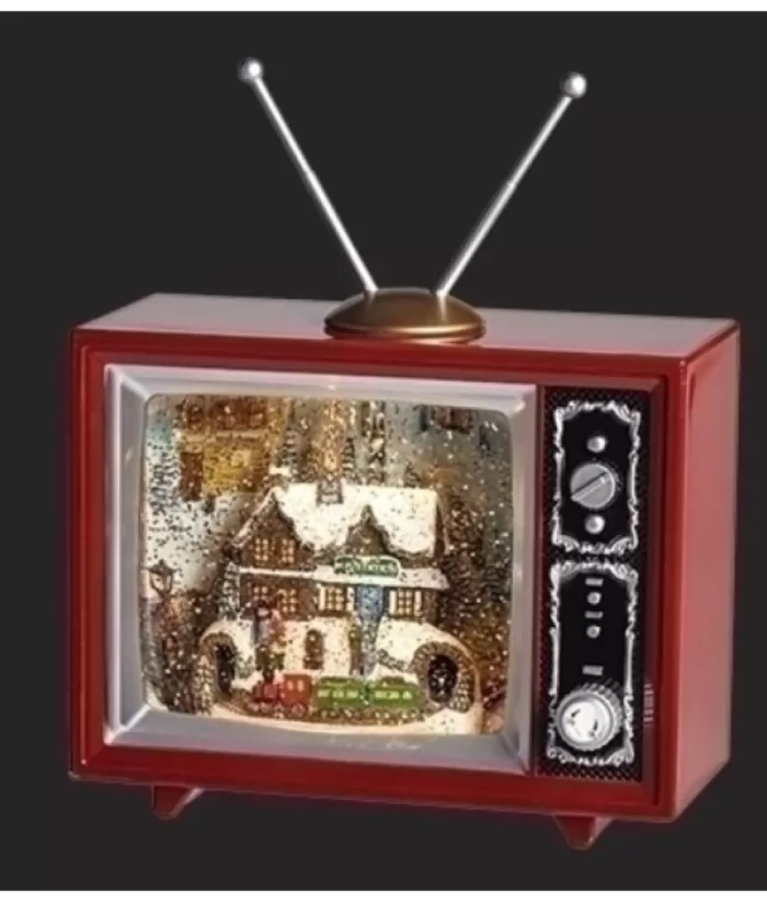Boutique de Noël Table Piece, Musical Tv Box, Measures 6.5 Inches, With Train Station