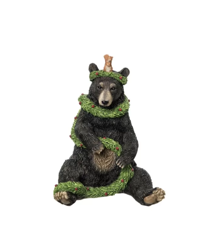 Boutique de Noël Table Piece Ornament, Sitting Black Bear With Garland.