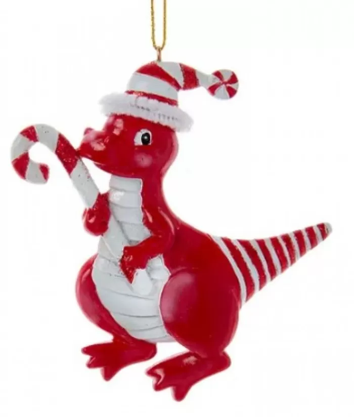 Boutique de Noël Pains D'épices & Bonbons*Tree Ornament, Red Dinosaur With Peppermint Cane