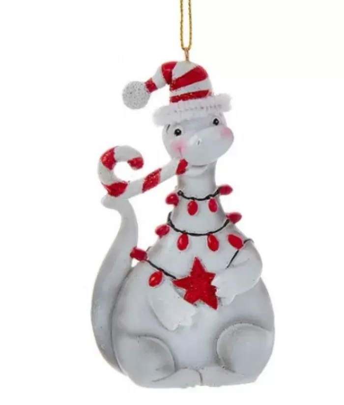 Boutique de Noël Pains D'épices & Bonbons*Tree Ornament, White Festive Dinosaur With Peppermint Cane