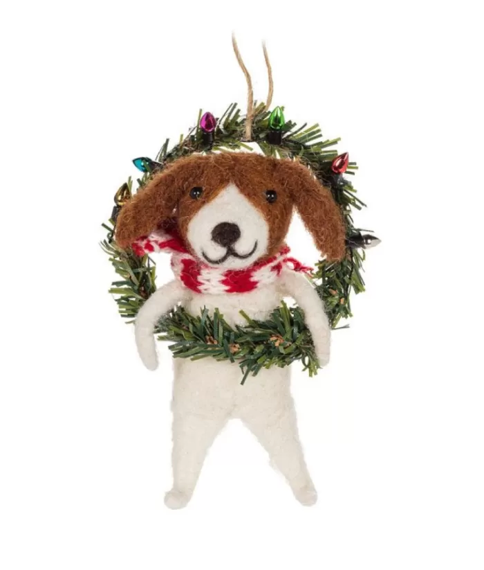 Boutique de Noël Xmas Tree Ornament, Woolly Dog With Christmas Wreath